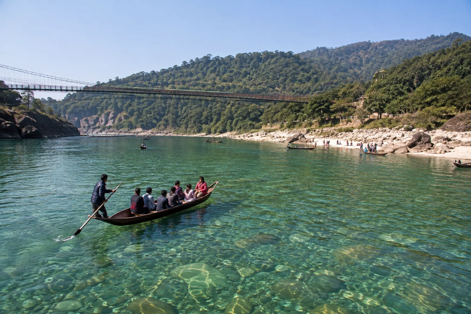 The clear water of the Umngot river at Dawki, Meghalaya
