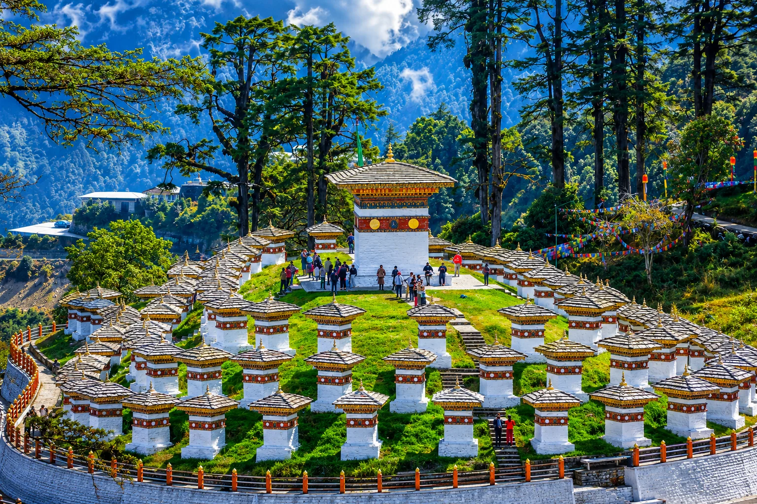 The 108 memorial chortens at Dochula Pass with the Himalayas behind, Bhutan