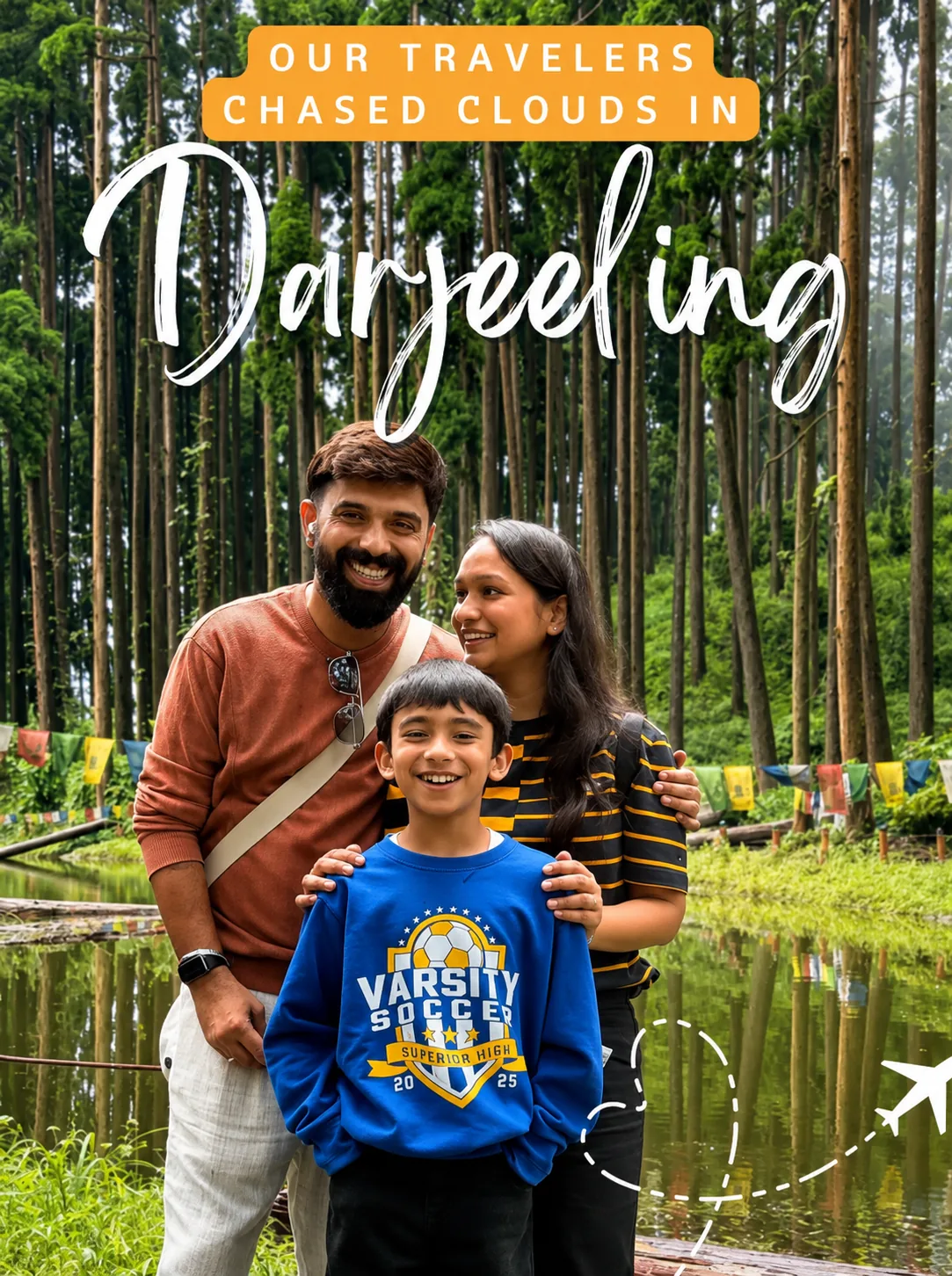 A family of three among the pines and prayer flags on a Darjeeling tour with Cross Over Holidays