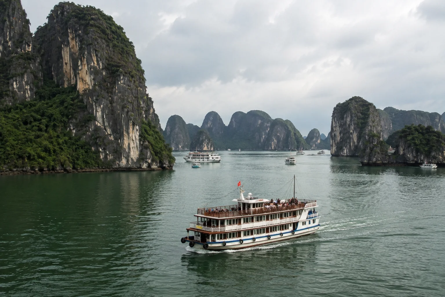 Limestone karsts rising from the water at Ha Long Bay, Vietnam