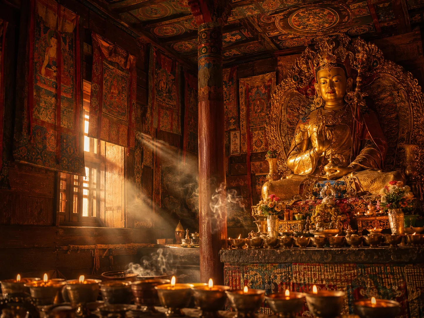 Monastery architecture in Bhutan with traditional painted woodwork