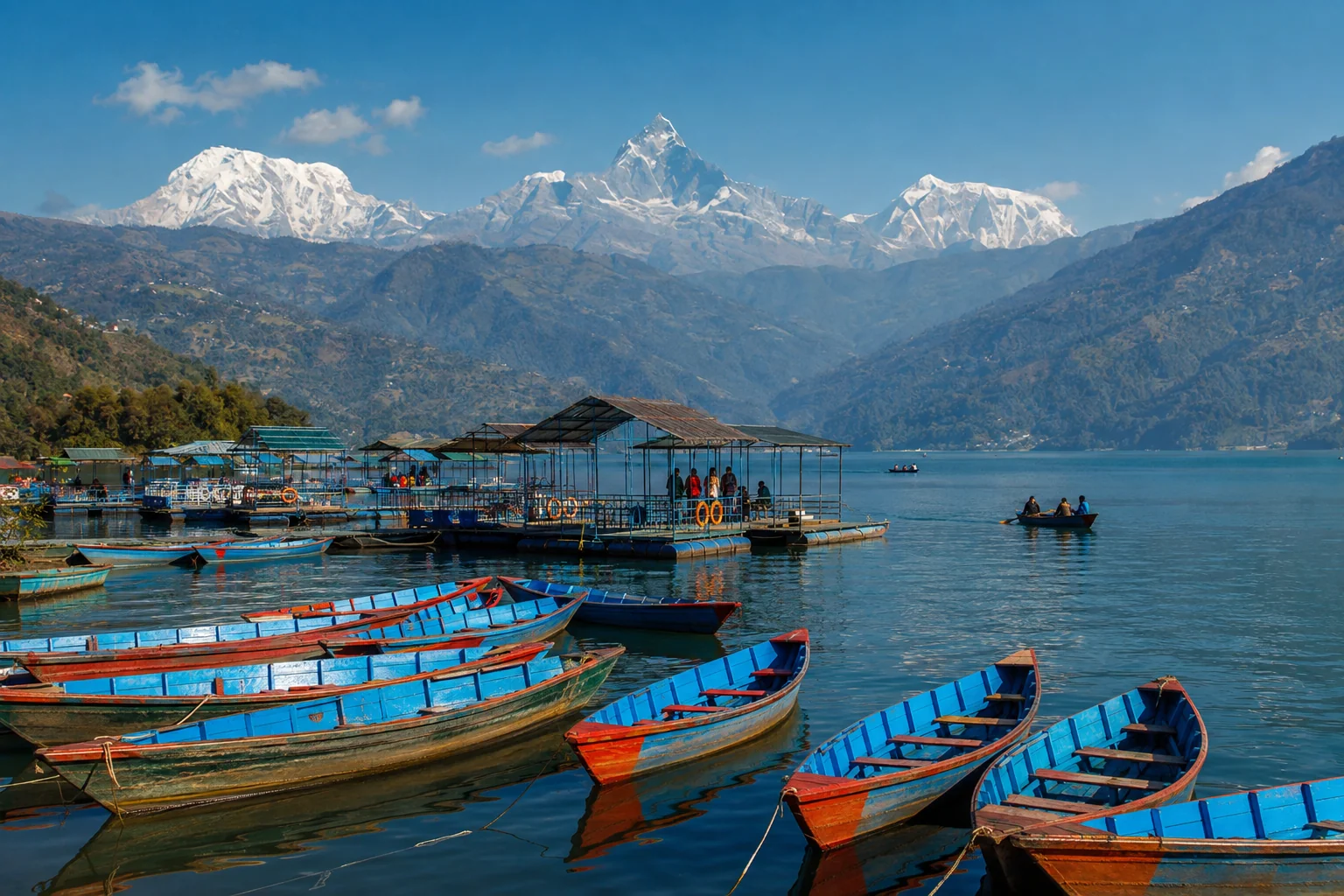 Phewa Lake at Pokhara with the Annapurna range behind