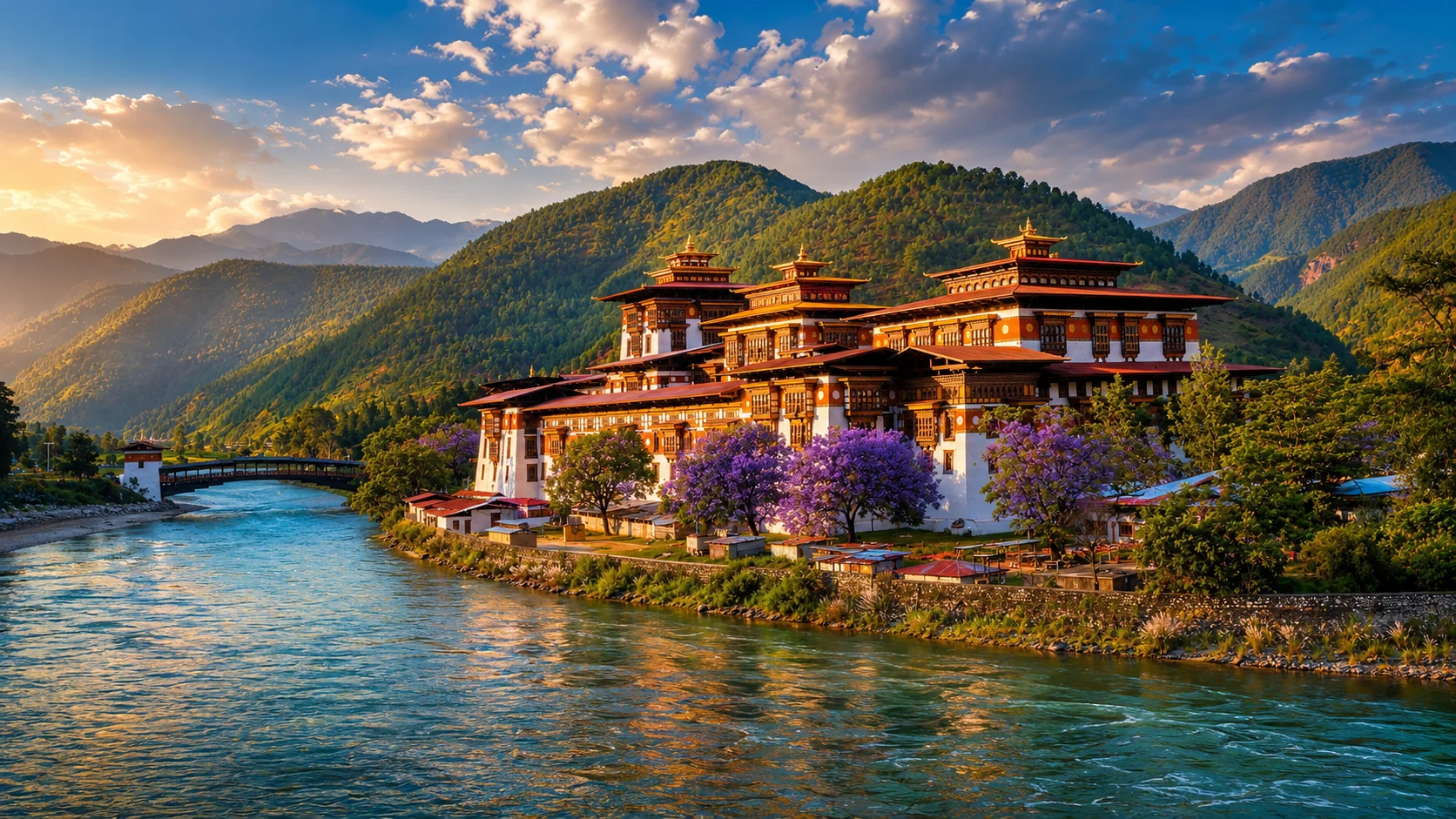 Punakha Dzong seen across the river valley, Bhutan