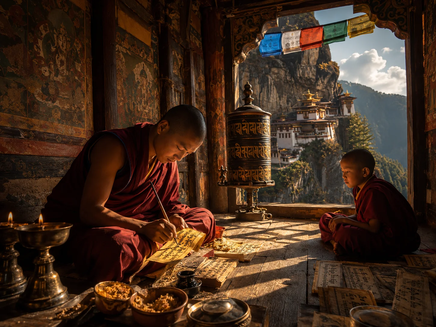 A traveller with a monk in Bhutan